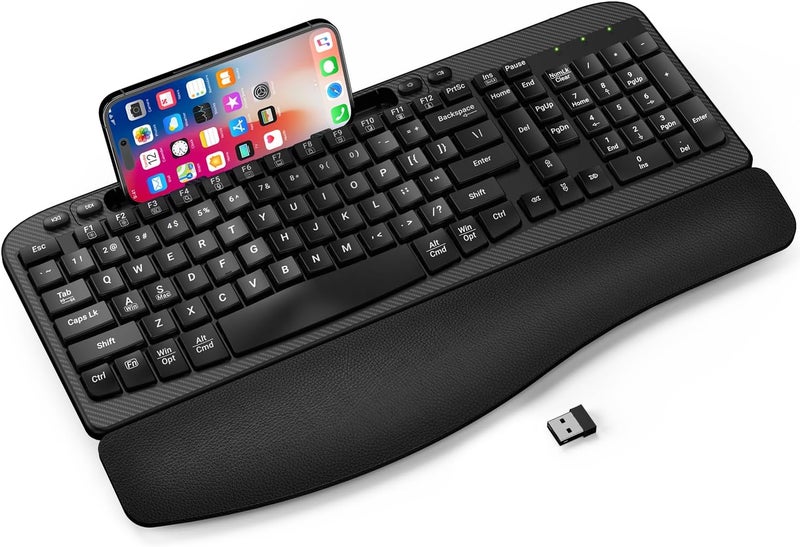 EAYBLLY Ergonomic Wireless Keyboard with Cushioned Wrist Rest, Wave Keys, Phone Holder, Comfortable Natural Typing, 2.4GHz Full Size Cordless USB Computer Keyboard for Windows, Mac OS, Laptop, PC (Black) - Image 1